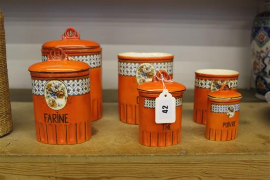 Set of 6 French Art Deco storage jars & boar topped bottle